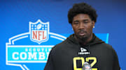 Feb 26, 2025; Indianapolis, IN, USA; Toledo defensive lineman Darius Alexander (DL02) during the 2025 NFL Scouting Combine at the Indiana Convention Center. Mandatory Credit: Kirby Lee-Imagn Images