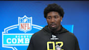 Feb 26, 2025; Indianapolis, IN, USA; Toledo defensive lineman Darius Alexander (DL02) during the 2025 NFL Scouting Combine at the Indiana Convention Center. Mandatory Credit: Kirby Lee-Imagn Images