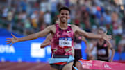 Jun 21, 2024; Eugene, OR, USA; Grant Fisher celebrates after winning the 10,000m in 27:49.47 during the US Olympic Team Trials at Hayward Field. Mandatory Credit: Kirby Lee-USA TODAY Sports