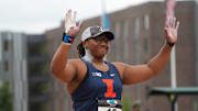 May 18, 2025; Eugene, OR, USA; Abria Smith of Illinois gestures after winning the women's shot put at 58-10 3/4 (17.95m) during the Big Ten Championships at Hayward Field. Mandatory Credit: Kirby Lee-Imagn Images