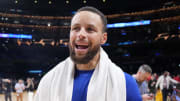 Apr 9, 2024; Los Angeles, California, USA; Golden State Warriors guard Stephen Curry reacts after