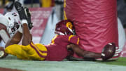 Sep 11, 2021; Los Angeles, California, USA; Southern California Trojans wide receiver Gary Bryant Jr. (1) collides with the goal post in the third quarter against the Stanford Cardinal at United Airlines Field at Los Angeles Memorial Coliseum.