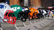 Feb 28, 2024; Indianapolis, IN, USA; A general view of large helmets of the New York Jets, Baltimore Ravens and Cincinnati Bengals at the NFL Scouting Combine Experience at Lucas Oil Stadium. Mandatory Credit: Kirby Lee-Imagn Images