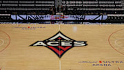 Sep 24, 2023; Las Vegas, Nevada, USA; The Las Vegas Aces logo at center court during game one of the 2023 WNBA Semifinals at Michelob Ultra Arena. Mandatory Credit: Kirby Lee-Imagn Images