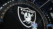 Apr 25, 2024; Detroit, MI, USA; A Las Vegas Raiders logo at the 2024 NFL Draft at Campus Martius Park and Hart Plaza. Mandatory Credit: Kirby Lee-Imagn Images