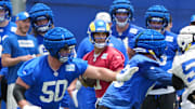 Jun 3, 2025; Woodland Hills, CA, USA; Los Angeles Rams quarterback Jimmy Garoppolo (11) throws the ball during organized team activities at Rams Practice Facility. Mandatory Credit: Kirby Lee-Imagn Images