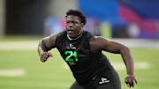 Mar 2, 2025; Indianapolis, IN, USA; LSU offensive lineman Emery Jones (OL21) during the 2025 NFL Scouting Combine at Lucas Oil Stadium. Mandatory Credit: Kirby Lee-Imagn Images