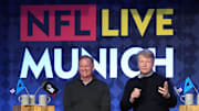 Nov 9, 2024; Munich, Germany; NFL commissioner Roger Goodell (left) and Phil Simms during NFL Live Munich at Augustiner-Keller. Mandatory Credit: Kirby Lee-Imagn Images