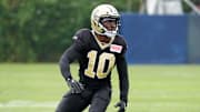 Aug 14, 2025; Carson, CA, USA; New Orleans Saints wide receiver Brandin Cooks (10) during a joint practice Los Angeles Rams at the Dignity Health Sports Park. Mandatory Credit: Kirby Lee-Imagn Images