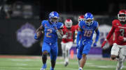 Dec 2, 2023; Las Vegas, NV, USA; Boise State Broncos running back Ashton Jeanty (2) carries the ball against the UNLV Rebels in the second half during the Mountain West Championship at Allegiant Stadium. Mandatory Credit: Kirby Lee-USA TODAY Sports