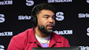 Pittsburgh Steelers defensive tackle Cam Heyward on the SportsGrid SiriusXM radio set on radio row at Super Bowl LVIII.