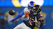Sep 12, 2021; Inglewood, California, USA; Chicago Bears wide receiver Allen Robinson (12) catches a pass as Los Angeles Rams defensive back Darious Williams (11) defends in the second half at SoFi Stadium. Mandatory Credit: Kirby Lee-Imagn Images