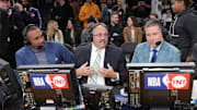 Feb 23, 2023; Los Angeles, California, USA; NBA on TNT broadcasters Grant Hill (left), Stan Van Gundy (center) and Brian Anderson during the game between the Los Angeles Lakers and the Golden State Warriors at Crypto.com Arena. 