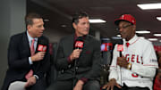 Nov 15, 2023; Anaheim, CA, USA; Los Angeles Angels manager Ron Washington (right) is interviewed by Bally Sports broadcasters Patrick O'Neal (left) and Mark Gubicza (center) at introductory press conference at Angel Stadium of Anaheim. 