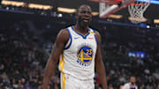 Nov 18, 2024; Inglewood, California, USA; Golden State Warriors forward Draymond Green (23) reacts in the first half against the LA Clippers at Intuit Dome. Mandatory Credit: Kirby Lee-Imagn Images