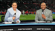NFL Network broadcasters Kimmi Chex and Steve Smith Sr. pose during an NFL International Series game at Deutsche Bank Park.