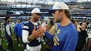 Dallas Cowboys quarterback Dak Prescott shakes hands with Los Angeles Rams quarterback Matthew Stafford after the game 