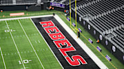 The UNLV Rebels logo in the end zone is seen before the Mountain West Championship between the Boise State Broncos and the UNLV Rebels at Allegiant Stadium. 