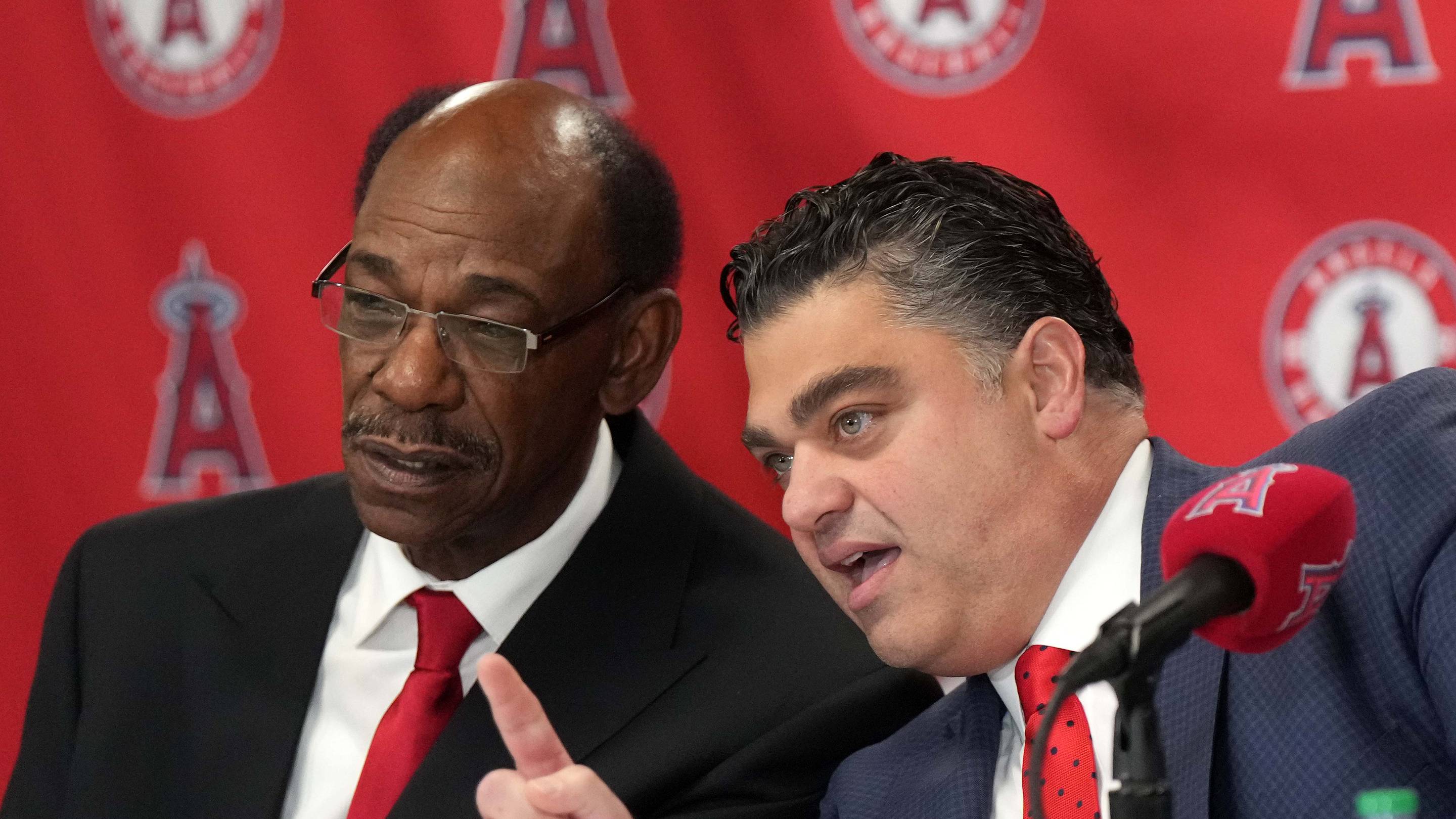 Angels manager Ron Washington (left) with general manager Perry Minasian at introductory press conference at Angel Stadium of Anaheim on Nov. 15, 2023.