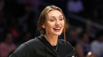 Jun 17, 2025; Los Angeles, California, USA; LA Sparks forward Cameron Brink watches during the game against the Seattle Storm at Crypto.com Arena. Mandatory Credit: Kirby Lee-Imagn Images