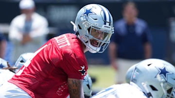 Jul 26, 2025; Oxnard, CA, USA; Dallas Cowboys quarterback Dak Prescott (4) takes the snap at training camp at the River Ridge Fields. Mandatory Credit: Kirby Lee-Imagn Images