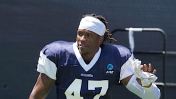 Jul 27, 2025; Oxnard, CA, USA; Dallas Cowboys linebacker Darius Harris (47) at training camp at the River Ridge Fields. Mandatory Credit: Kirby Lee-Imagn Images