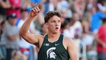 Jun 22, 2024; Eugene, OR, USA; Heath Baldwin of Michigan State celebrates after winning the decathlon with 8,625 points during the US Olympic Team Trials at Hayward Field. Mandatory Credit: Kirby Lee-USA TODAY Sports