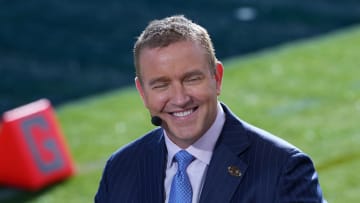 Kirk Herbstreit on the ESPN College Gameday set at the 2024 Rose Bowl college football playoff semifinal game at Rose Bowl.