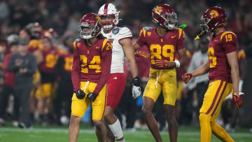 Dec 27, 2023; San Diego, CA, USA; Southern California Trojans wide receiver Makai Lemon (24) celebrates after a reception against the Louisville Cardinals in the first half of the Holiday Bowl at Petco Park. Mandatory Credit: Kirby Lee-USA TODAY Sports