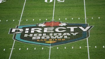 Dec 27, 2023; San Diego, CA, USA; The DirecTV Holiday Bowl logo on the football field at Petco Park. Mandatory Credit: Kirby Lee-Imagn Images