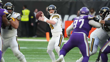 Oct 2, 2022; London, United Kingdom; New Orleans Saints quarterback Andy Dalton (14) throws the ball