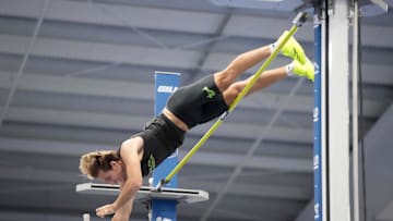 Mar 14, 2025; Virginia Beach, VA, USA; Kobe Babin of South Florida places second in the pole vault at 18-6 3/4 (5.66m)during the NCAA Indoor Championships at the Virginia Beach Sports Center. Mandatory Credit: Kirby Lee-Imagn Images