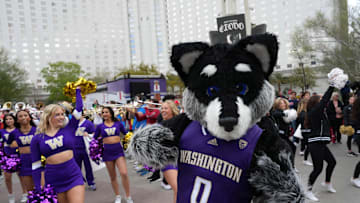Mar 14, 2024; Las Vegas, NV, USA; Washington Huskies mascot Harry the Husky at a pep rally at T-Mobile Arena. Mandatory Credit: Kirby Lee-Imagn Images