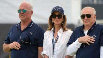 Jul 29, 2023; Oxnard, CA, USA; Dallas Cowboys chief operating officer Stephen Jones (left) and chief brand officer Charlotte Jones (center) and owner Jerry Jones during training camp opening ceremonies at the River Ridge Fields. Mandatory Credit: Kirby Lee-USA TODAY Sports