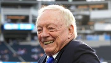 Oct 16, 2023; Inglewood, California, USA; Dallas Cowboys owner Jerry Jones reacts during the game against the Los Angeles Chargers at SoFi Stadium. Mandatory Credit: Kirby Lee-USA TODAY Sports