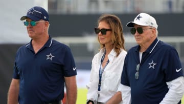 Jul 29, 2023; Oxnard, CA, USA; Dallas Cowboys chief operating officer Stephen Jones (left), chief brand officer Charlotte Jones (center) and owner Jerry Jones during training camp opening ceremonies at the River Ridge Fields. Mandatory Credit: Kirby Lee-USA TODAY Sports