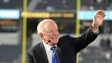 Oct 16, 2023; Inglewood, California, USA; Dallas Cowboys owner Jerry Jones on the ESPN Monday Night Football Countdown set at SoFi Stadium. Mandatory Credit: Kirby Lee-Imagn Images