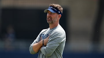 Jul 29, 2023; Oxnard, CA, USA; Dallas Cowboys offensive coordinator Brian Schottenheimer during training camp at the River Ridge Fields. Mandatory Credit: Kirby Lee-Imagn Images