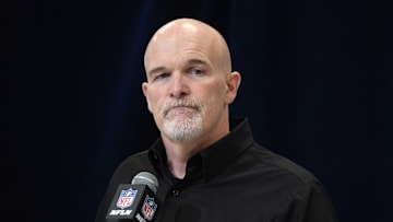 Feb 27, 2025; Indianapolis, IN, USA; Washington Commanders coach Dan Quinn speaks during the 2025 NFL Scouting Combine at the Indiana Convention Center. Mandatory Credit: Kirby Lee-Imagn Images