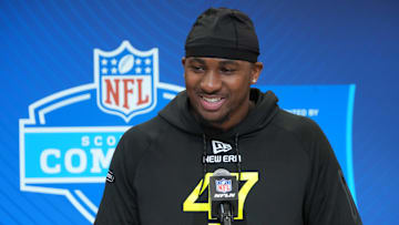 Feb 27, 2025; Indianapolis, IN, USA; Boston College defensive lineman Donovan Ezeiruaku (DL47) during the 2025 NFL Scouting Combine at the Indiana Convention Center. Mandatory Credit: Kirby Lee-Imagn Images