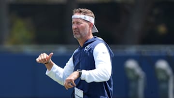 Jul 22, 2025; Oxnard, CA, USA; Dallas Cowboys coach Brian Schottenheimer during training camp at the River Ridge Fields. Mandatory Credit: Kirby Lee-Imagn Images