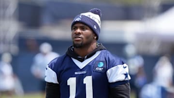 Jul 26, 2025; Oxnard, CA, USA; Dallas Cowboys defensive end Micah Parsons (11) at training camp at the River Ridge Fields. Mandatory Credit: Kirby Lee-Imagn Images