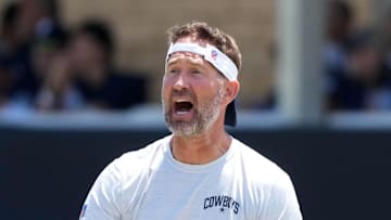 Jul 27, 2025; Oxnard, CA, USA; Dallas Cowboys coach Brian Schottenheimer at training camp at the River Ridge Fields. Mandatory Credit: Kirby Lee-Imagn Images