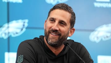 Sep 5, 2024; Sao Paolo, Brazil; Philadelphia Eagles coach Nick Sirianni at the press conference at the Neo Quimica Arena. Mandatory Credit: Kirby Lee-Imagn Images