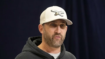Feb 25, 2025; Indianapolis, IN, USA; Philadelphia Eagles coach Nick Sirianni speaks during the NFL Scouting Combine at the Indiana Convention Center. Mandatory Credit: Kirby Lee-Imagn Images