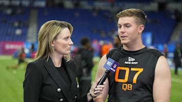Mar 1, 2025; Indianapolis, IN, USA; NFL Network reporter Stacey Dales (left) interviews Ohio State quarterback Will Howard (QB07) during the 2025 NFL Scouting Combine at Lucas Oil Stadium. Mandatory Credit: Kirby Lee-Imagn Images