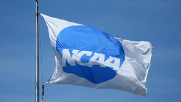 Jun 10, 2025; Eugene, OR, USA; A NCAA logo flag at the NCAA Track and Field Championships at Hayward Field. Mandatory Credit: Kirby Lee-Imagn Images