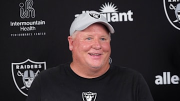 Jul 24, 2025; Henderson, NV, USA; Las Vegas Raiders offensive coordinator Chip Kelly during training camp press conference at the Intermountain Healthcare Performance Center. Mandatory Credit: Kirby Lee-Imagn Images