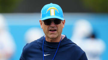 Los Angeles Chargers coach Jim Harbaugh reacts during organized team activities at the Hoag Performance Center. Mandatory Credit: Kirby Lee-USA TODAY Sports