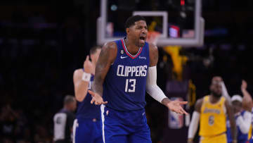 Oct 20, 2022; Los Angeles, California, USA; LA Clippers guard Paul George (13) reacts in the second half against the Los Angeles Lakers at Crypto.com Arena. The Clippers defeated the Lakers 103-97. Mandatory Credit: Kirby Lee-USA TODAY Sports